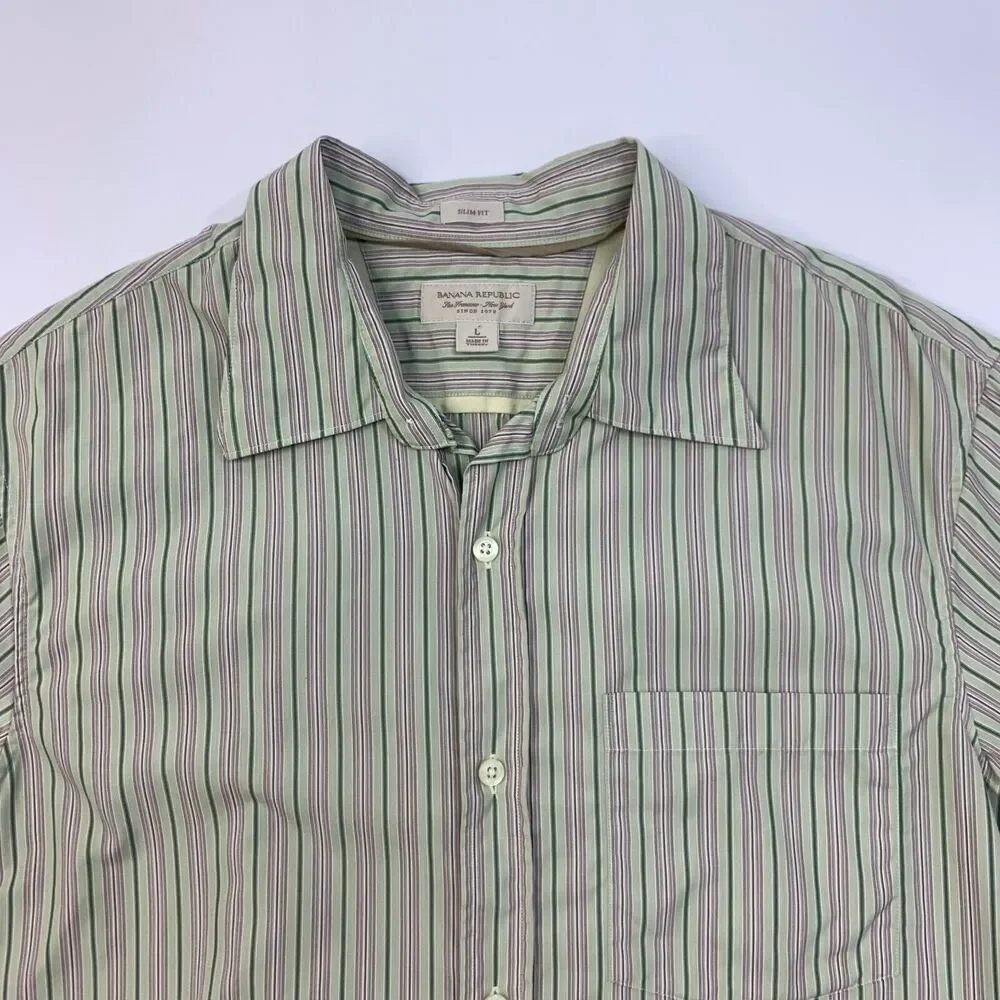 Banana Republic Shirt Mens L Limestone Striped Slim Fit Long Sleeve Button Up